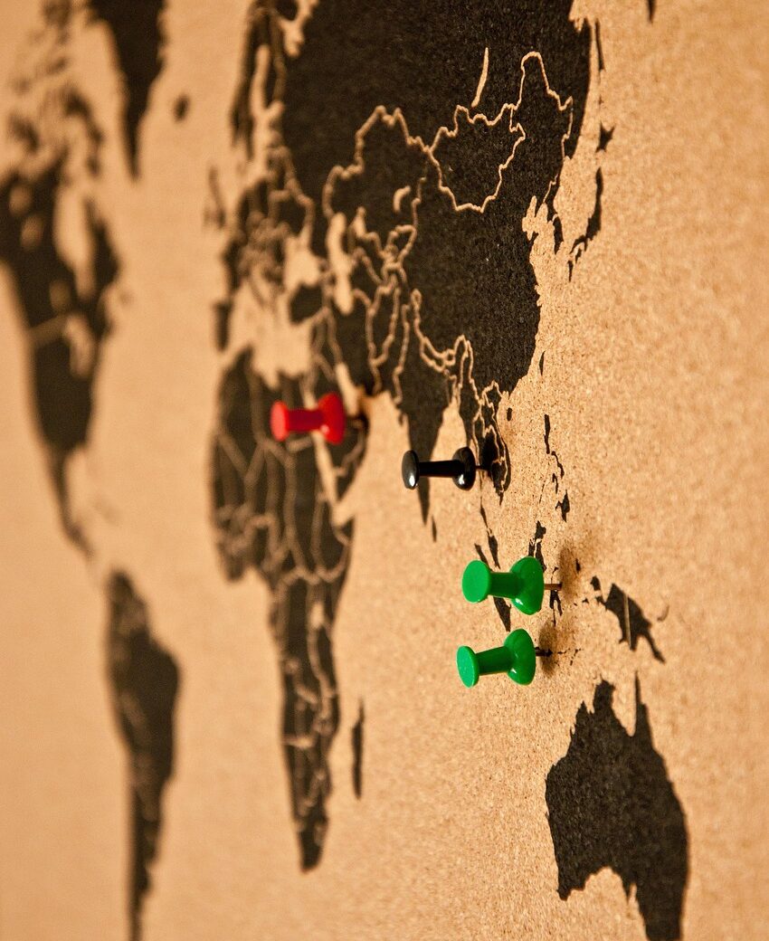 pin board, bulletin board, map of the world, wall panel, pins, cork wall, pin, world travel, asia