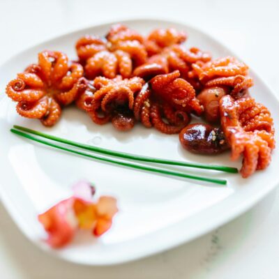 Delicately arranged grilled octopus tentacles on a stylish plate with garnish.